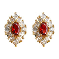 Gold Tone Red Oval Crystal Cluster Floral Stud Earrings view 5