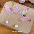 Pink Fabric Butterfly Pearl Drop Earrings Fashion Jewelry Accessory view 2