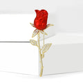 Long Stem Red Rose Flower Brooch with Polished Gold Tone Leaves view 3