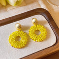 Beaded Circle Drop Earrings in Yellow White and Green view 3
