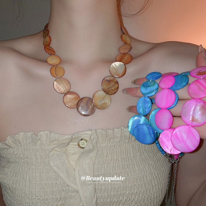 Round Shell Disc Graduated Necklace Blue Brown or Pink