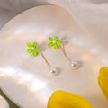Lime Green Flower Stud Earrings Gold Chain Pearl Drops view 2