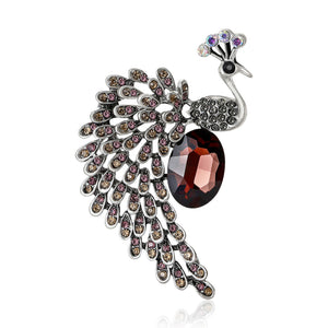 Crystal Peacock Brooch Large Oval Stone Purple Blue Silver Pin