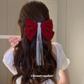 Velvet Bow Hair Clips In Red Crystal Fringe Or Black Pearl Style view 3