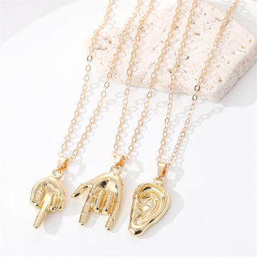 Gold Tone Sculpted Hand, Foot and Ear Pendant Necklaces