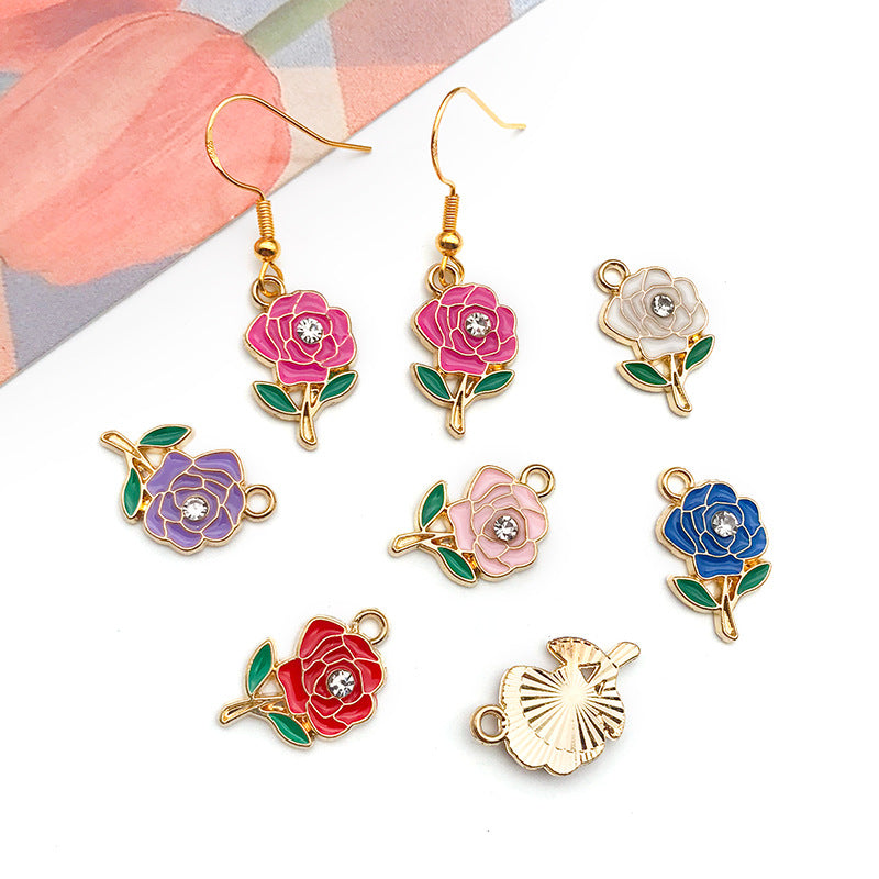 Zinc Alloy Rhinestone Rose Flower Charm Pendant for DIY Earrings Necklace and Bag Decoration