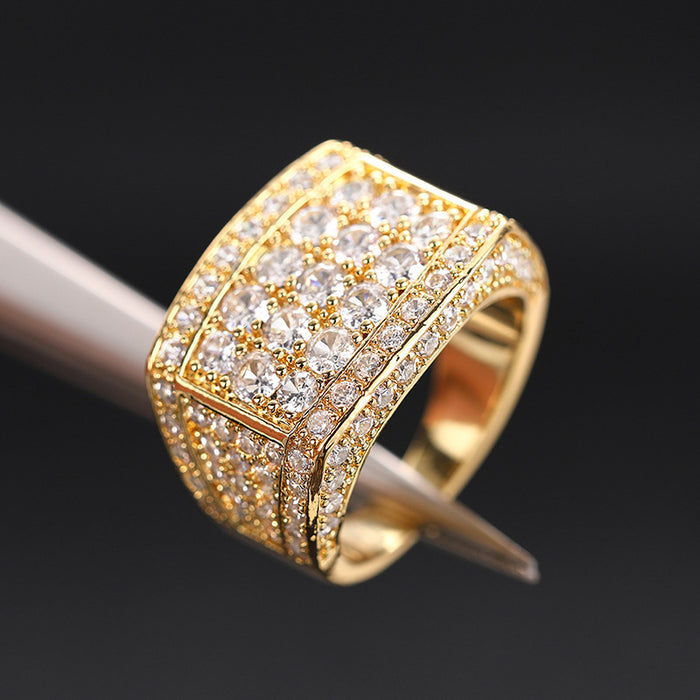 Rectangular Pave Cluster Wide Signet Ring In Polished Gold Tone
