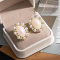 Iridescent Oval Pearl Look Clear Stone Halo Earrings view 2