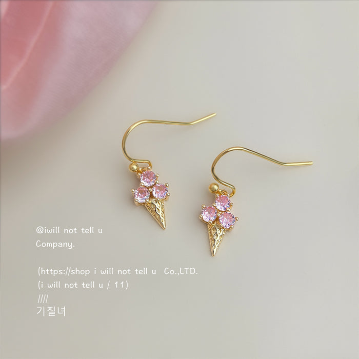 Gold Pink Crystal Ice Cream Cone Hook Earrings Matching Pair
