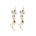 White Flower Green Leaf Pearl Chain Hook Earrings with Polished Metal Accents view 5