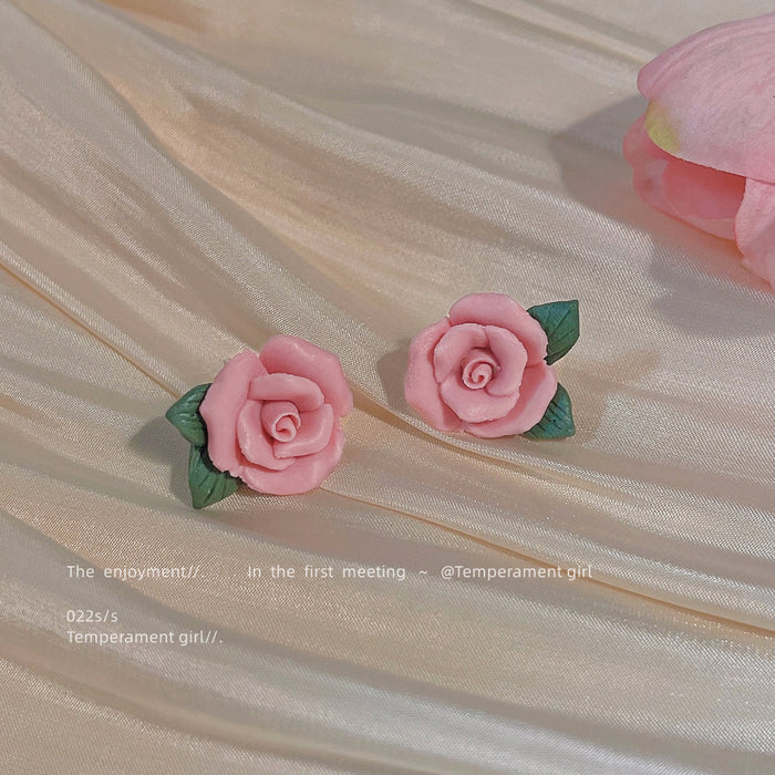 Pink Ceramic Rose Flower With Green Leaf Stud Earrings