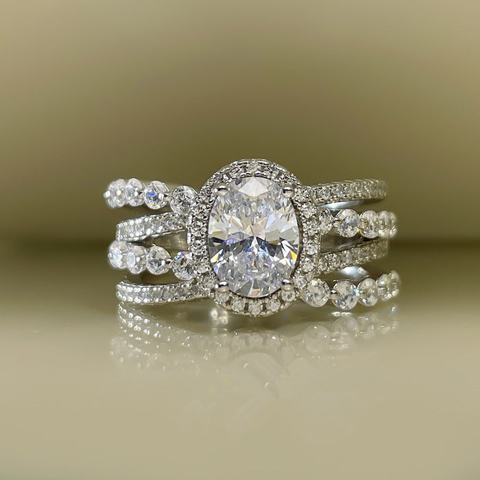 Silver Tone Oval Halo Multi-Band Clear Ring Sizes 6-10