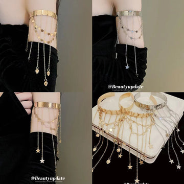 Star Or Heart Open Arm Cuff With Long Chain Fringe In Gold Or Silver Tone