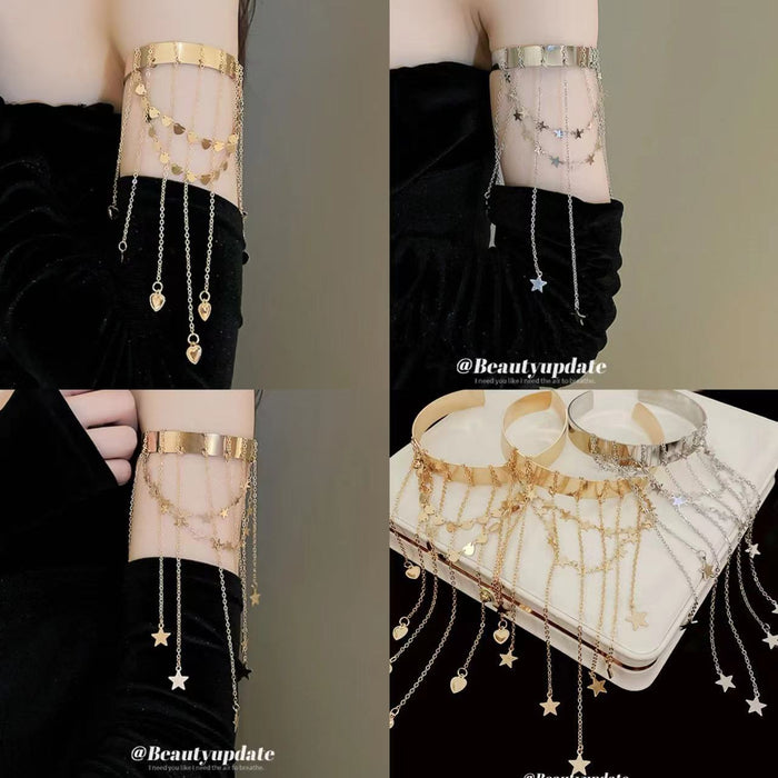 Star Or Heart Open Arm Cuff With Long Chain Fringe In Gold Or Silver Tone
