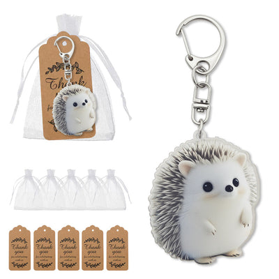 Hedgehog keychain displayed beside a white organza bag and five brown thank-you tags.