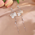 White Petal Flower Pearl Look Silver Chain Dangle Earrings view 6