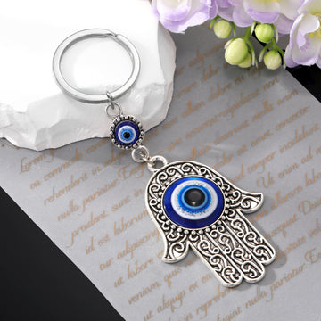 Silver Tone Filigree Hamsa Blue Evil Eye Split Ring Keychain
