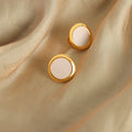 Gold Round Disc Stud Earrings Cream Center Circle Pair view 4