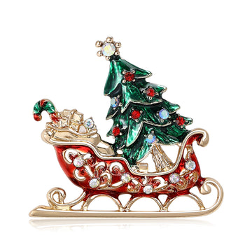 Red Enamel Christmas Sleigh Brooch With Green Tree