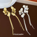 Layered Petal Long Chain Tassel Earrings in Two Tones view 2
