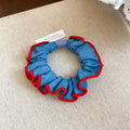 Denim Ruffle Edge Scrunchie Red Trim Light Blue Hair Tie view 6