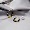 Gold Tone Pearl Stud Chain Hoop Earrings Leather Wrap view 1