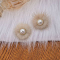 Beige Fur Pom Pom Pearl Stud Earrings Gold Tone Metal Rims view 3