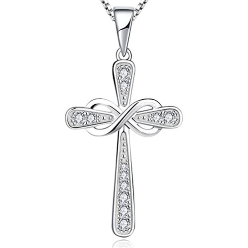 Silver cross infinity crystal pendant close-up on white background