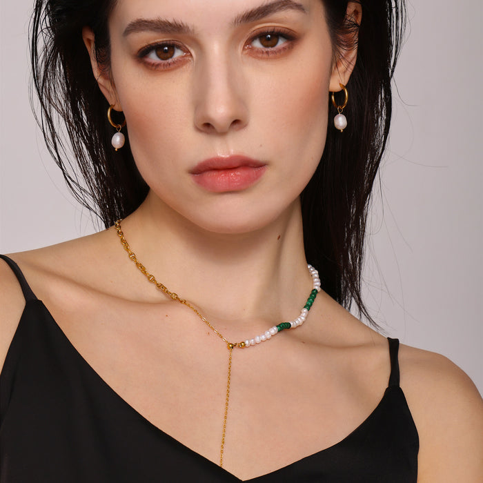 Freshwater Pearl Turquoise Y Necklace And Pearl Drop Hoop Earrings