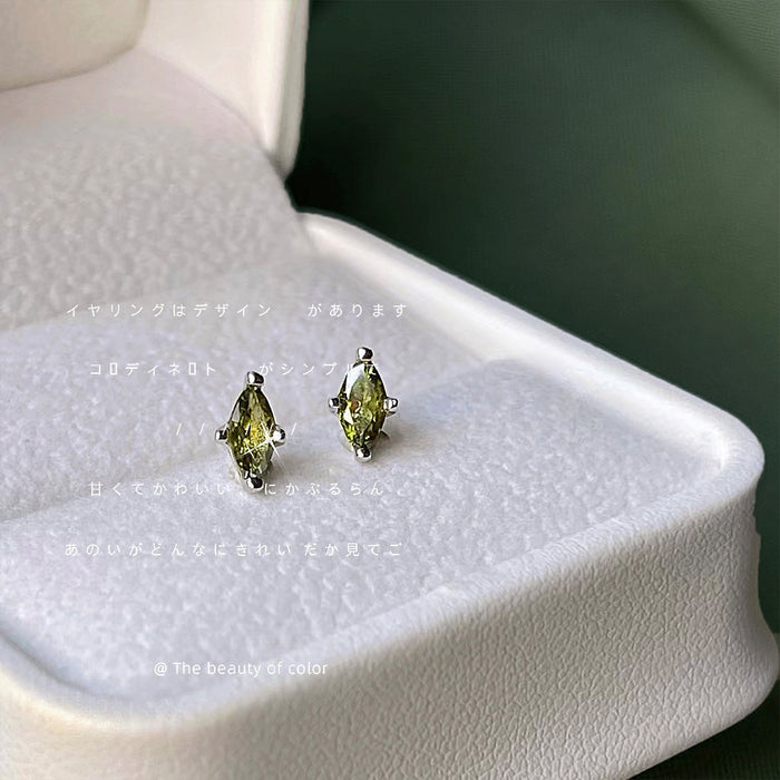 Silver Tone Olive Green Marquise Stone Mini Stud Earrings
