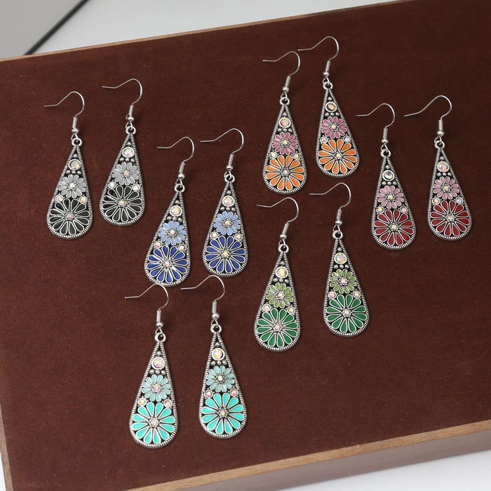 Six Color Floral Teardrop Antique Silver Hook Earrings