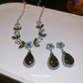 Green Leaf Flower And Teardrop Crystal Earrings And Necklace In Silver Tone view 2