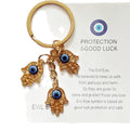 Triple Hamsa Hand Blue Evil Eye Keychain in Gold Tone Metal view 5