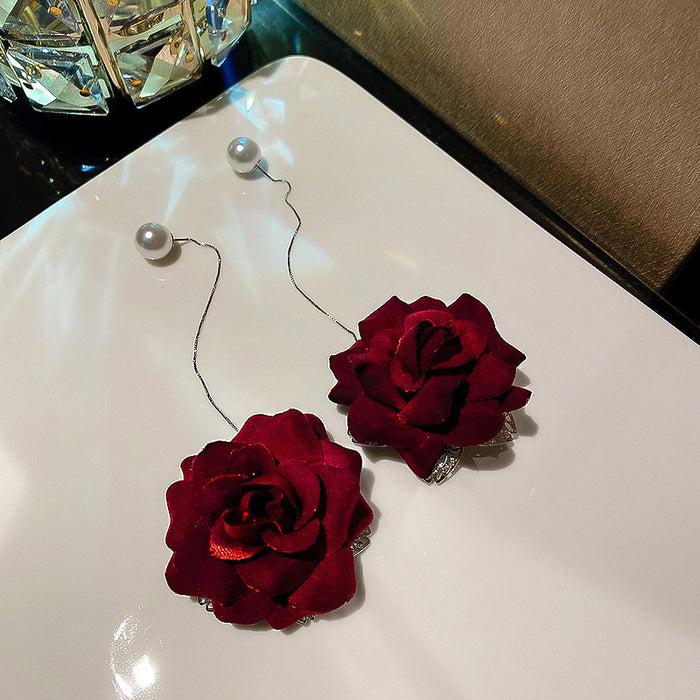 Red Rose Pearl Threader Earrings with Lustrous Bead Details