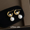 Gold Tone Huggie Hoop Earrings With Detachable Large White Pearl Drops view 4