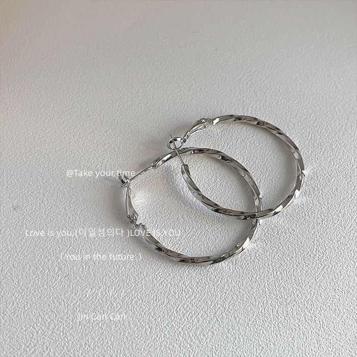 Silver Tone Twisted Large Round Hoop Earrings For Women