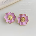 Gold Tone Pink Five Petal Flower Stud Earrings For Women view 4