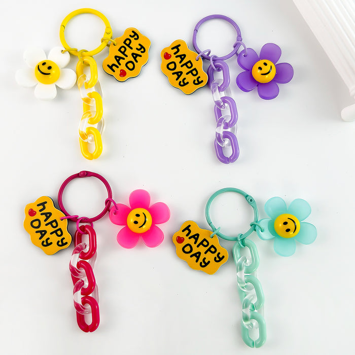 Smiley Daisy Charm Keychain with Acrylic Chain and Happy Day Tag