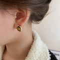 Brown Oval and Round Cabochon Gold Tone Stud Earrings view 2