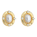 Gold Oval Pearl Stud Earrings Crystal Four Point Frame view 5