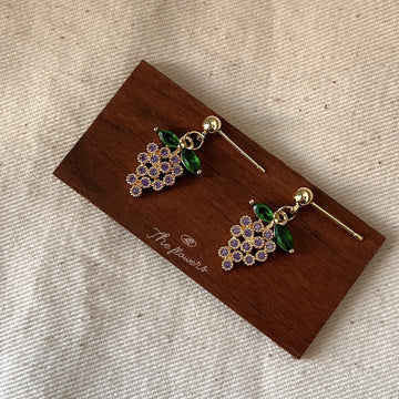 Gold Ball Stud Purple CZ Grape Cluster Drop Earrings Pair