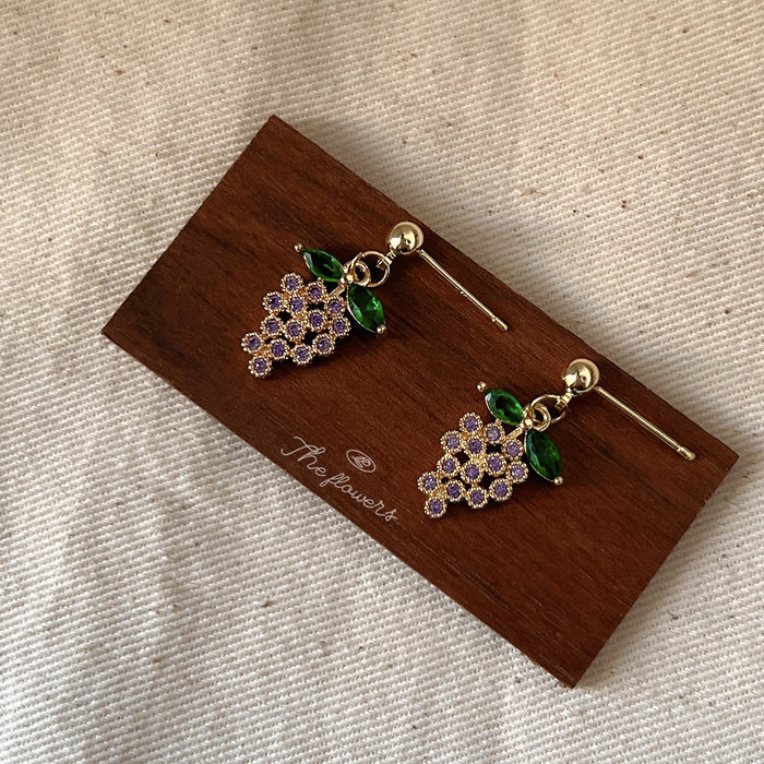 Gold Ball Stud Purple CZ Grape Cluster Drop Earrings Pair