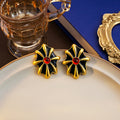 Black and Gold Cross Flower Red Center Statement Stud Earrings view 4