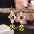 Gold Tone Green Oval Stone Pearl Floral Dangle Earrings view 3