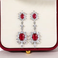 Silver Tone Red Oval Drop Earrings Floral Clear Halo Dangles view 3
