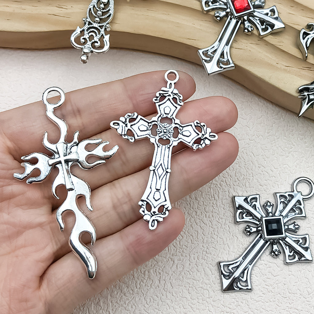 Vintage Zinc Alloy Rhinestone Cross Charm Pendant for DIY Sweater Chain Necklace