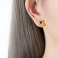 Gold Round Embossed Stud Earrings Green Or Blue Stone view 6