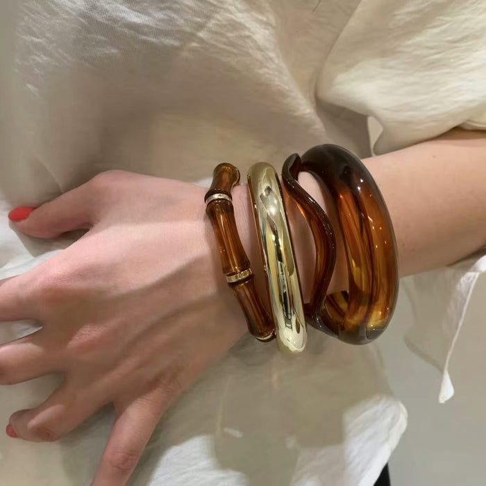 Acrylic Bamboo Wave Amber Gold Hinge Bangle Six Styles