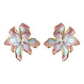 Gold Tone Iridescent Pink Blue Flower Stud Earrings For Women view 5