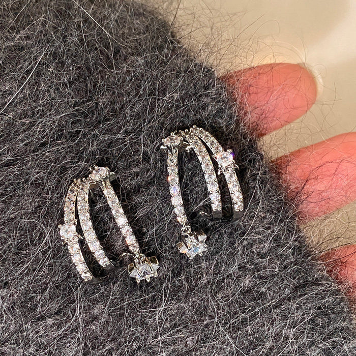 Silver Crystal Star Fringe Stud Earrings Fashion Jewelry